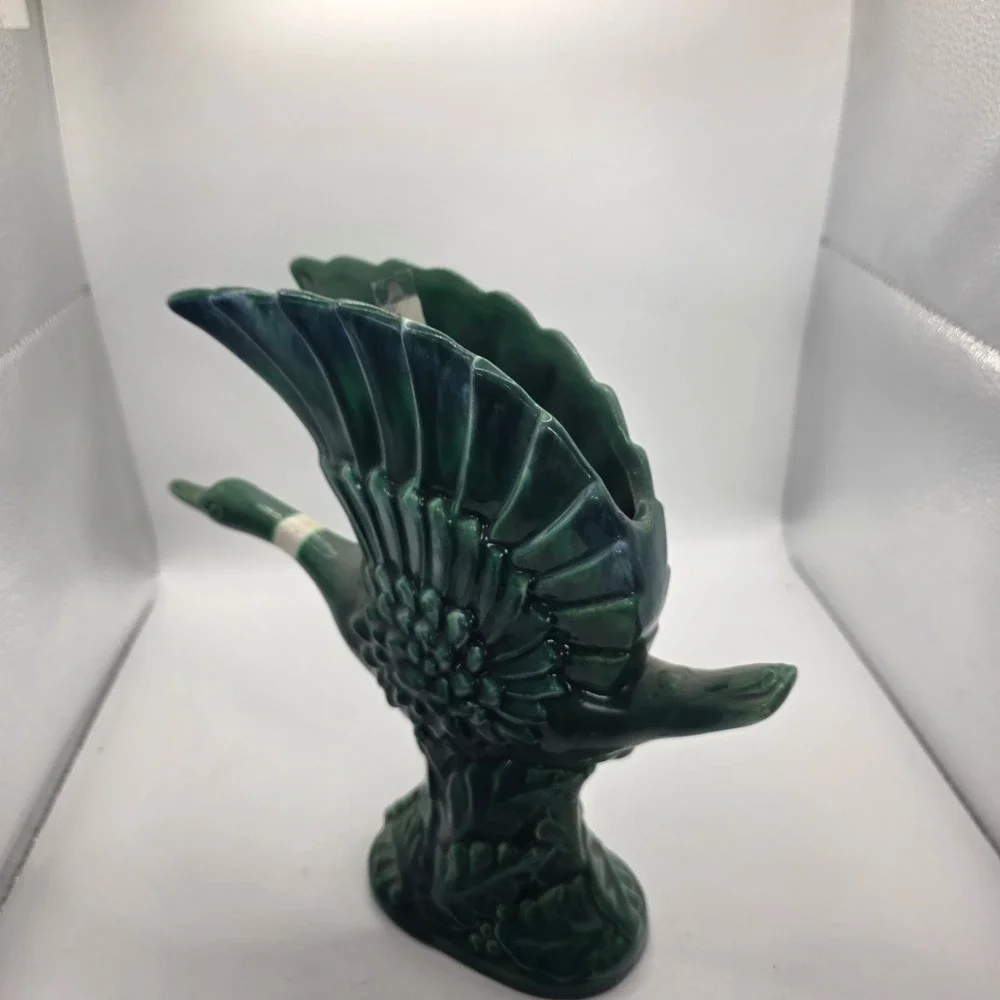 Royal Haeger R903 Flying Crane Goose Bird Vase Green Blue Glaze USA Pottery